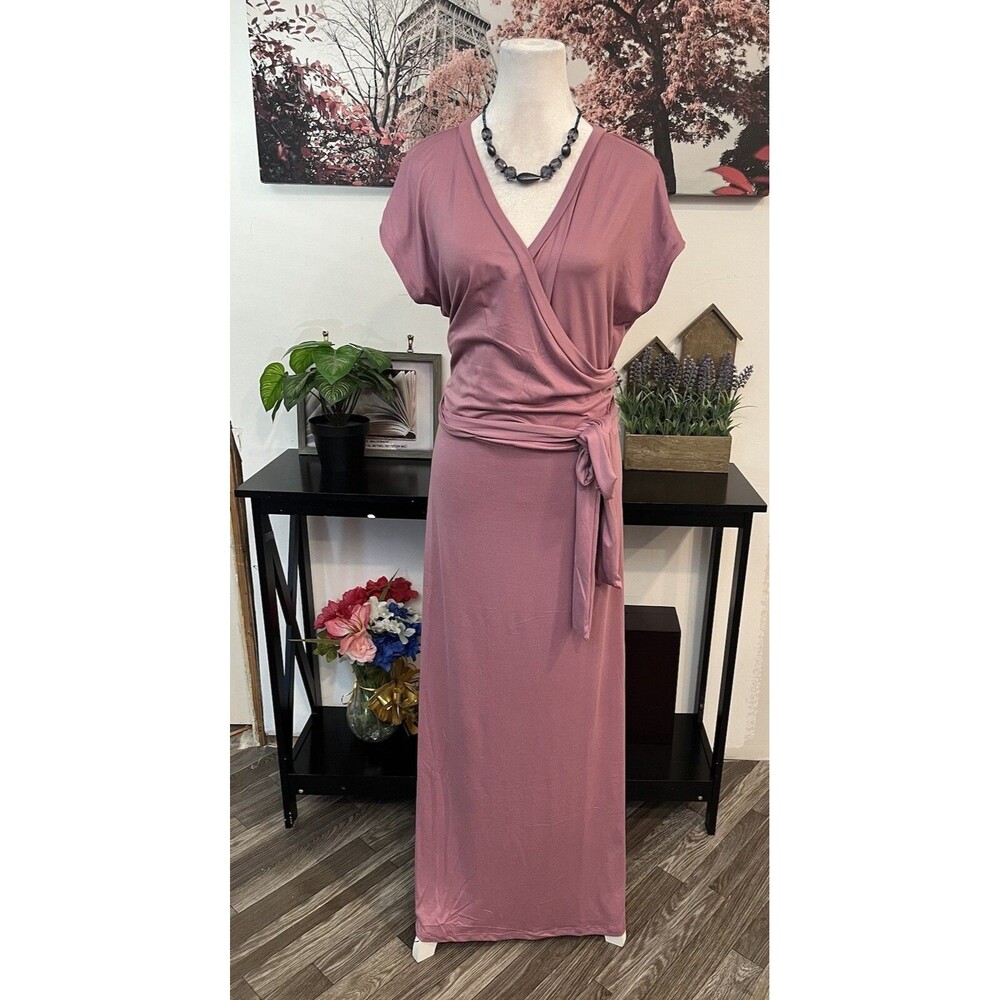 DOUBLJU Women Maxi Wrap Dress Mauve Pink V-Neck Short Sleeve Size S Small Solid